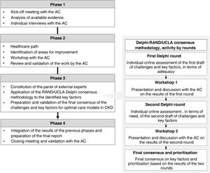 Methodology followed to obtain consensus on challenges and key factors for an optimal model of care in CKD. AC: advisory committee; CKD: chronic kidney disease; RAND/UCLA: Rand Corporation and University of California at Los Angeles.