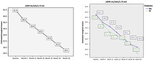 Evolution of estimated glomerular filtration rate during the study. Left: evolution in estimated glomerular filtration rate in all patients in the study. Right: evolution in estimated glomerular filtration rate separated by groups (diabetic and non-diabetic). No statistically significant differences were observed in the evolution of CKD-EPI in non-diabetic as compared with diabetic patients (p = 0.325, p value was calculated in the intersubject effects test).