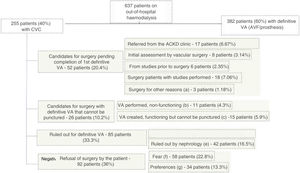 Reasons for patients having central venous catheters (CVC). VA: vascular access; AVF: arteriovenous fistula.a)Pending surgery for other reasons, including inability to perform VA surgery due to hospitalisation, other surgeries, etc.b)Non-functioning VA, including: primary failure (9 patients - 3.5%) or recent thrombosis (2 patients - 0.78%).c)Non-puncturable AVF including: maturing (8 patients - 3.13%); non-puncturable brachiobasilic AVF pending superficialisation (5 patients - 1.96%); fracture of the AVF arm preventing its use (2 patients - 0.78%).d)Ruled out for vascular surgery, including: lack of vascular bed (25 patients - 9.8%), AVF closure due to ischaemia (4 patients - 1.56%), multiple previous thromboses (14 patients - 5.49%).e)Ruled out by nephrology, including: age and/or comorbidity (36 patients - 14.1%), rest from peritoneal dialysis (3 patients - 1.17%), possible recovery of renal function (1 patient - 0.39%), on waiting list for living-donor transplant (2 patients - 0.78%).f)Fear of AVF, including: fear of surgery and punctures due to previous bad experiences (31 patients - 12.1%) and fear of surgery and punctures without previous surgeries (27 patients - 10.5%).g)Preference for catheter, including: aesthetics, comfort (34 patient - 13.3%).