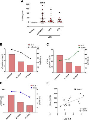 Analysis of systemic levels of the proinflammatory cytokine IL-6 in subjects with AKI and its relationship with renal function. (A) Plasma IL-6 levels and the relationship with serum creatinine (sCreat) (B), estimated glomerular filtration rate (eGFR) (C) and urea (D) values in subjects with AKI at hospital admission, and 24 and 72 h after admission. (E) Correlation between systemic IL-6 levels and urea 72 h post-AKI. *p < 0.05, ***p < 0.001 vs control.