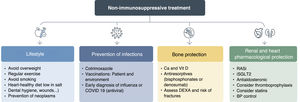 Non-immunosuppressive treatment of anti-neutrophil cytoplasmic antibody (ANCA)-associated vasculitis. Ca: calcium; DEXA: dual-energy X-ray absorptiometry; RASi: renin-angiotensin system inhibitors; iSGLT2: sodium-glucose cotransporter type 2 inhibitors; BP: blood pressure.