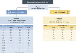 Guidelines for glucocorticoid use. Induction therapy in case of major organ involvement. MP: methylprednisolone; GC: glucocorticoids. Adapted from 6 and 180