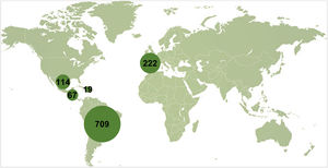 Mapa de burbujas del número de sujetos participantes en las diferentes regiones.