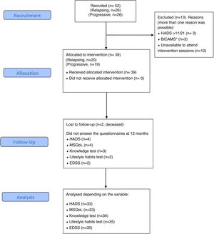 Flow chart of patient recruitment. *A score of −1.5 standard deviations from the population mean in one of the three BICAMS subtests was an exclusion criterion. BICAMS, Brief International Cognitive Assessment for Multiple Sclerosis; EDSS, Expanded Disability Status Scale; HADS, Hospital Anxiety and Depression Scale; MSQoL, multiple sclerosis quality of life.