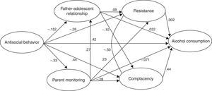 Path diagram summarizing the influential patterns of the model through which family/parental and social variables affect drinking behavior. The numbers correspond to standardized regression weights (p<.05).