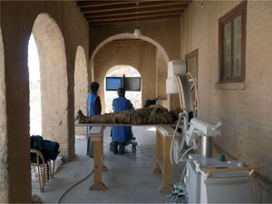 Practicando radiografías en las momias en el porche de “la Casa Americana” en El-Asasif.