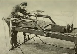 Mesa de Moritz. Realización de una ortodiagrafía (Albers-Schönberg H. Die Röntgentechnik. Lehrbücuh für Ärzte und Studierende. Zweite umgearbeitete Auflage. Hamburg: Lucas Gräfe & Sillem; 1906. p. 358).