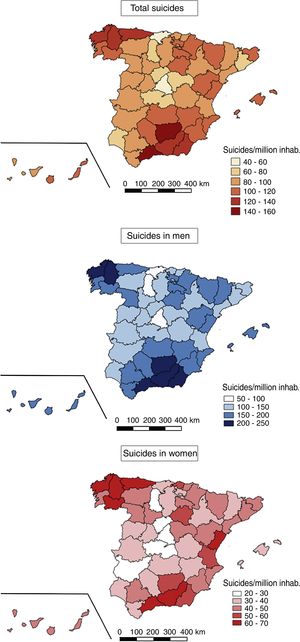 Geographical distribution of suicides in Spanish provinces from 2000 to 2012 (represented by normalised annual rates). In descending order: the upper map shows total suicides, the one in the middle shows suicides in men and the lower map shows suicides in women.