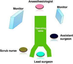 Position of the surgical team: lead surgeon between the legs of the patient, assistant surgeon to the left, the scrub nurse next to the primary surgeon and the anaesthesiologist in the usual position.