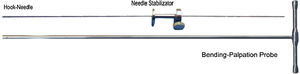 Bending probe (5cm×45cm) to be used through the working channel of the surgical laparoscope; hook-needle and stabilizer to keep it secured to the abdominal wall and facilitate manipulation when required.