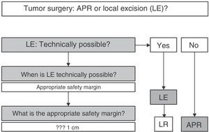 Abdominoperineal resection compared to local excision in the surgical treatment of anorectal melanoma. Treatment algorithm. APR: abdominoperineal resection; LE: local excision; LR: local recurrence.