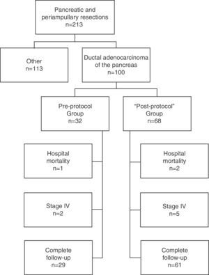 Flowchart of patients diagnosed with pancreatic cancer treated with curative surgery.