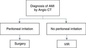 The diagnostic–therapeutic algorithm used in our hospital. Once we have the diagnosis of AMI by CT-angiography, and depending on the clinical condition of the patient, the best therapeutic option is selected. AMI: acute mesenteric ischemia; VIR: vascular interventionist radiology.