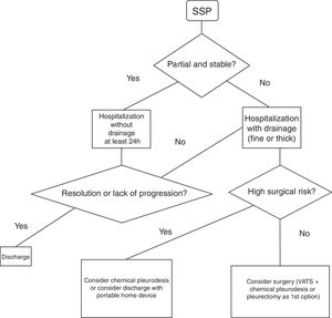 Treatment algorithm for secondary spontaneous pneumothorax.