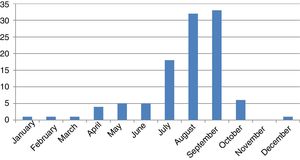 Patients with bull-related injuries according to months of the year.