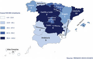 Correlation between the number of cases/100 000 inhabitants and the number of hospitals that answered the survey in each region. Cases/100 000 inhabitants.