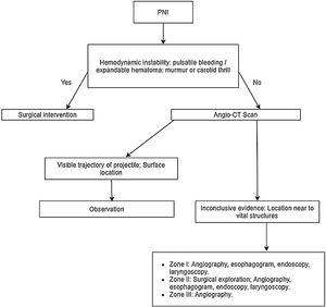 Penetrating neck injury diagnostic and treatment algorithm. PNI; penetrating neck injury. CT; computer tomography.1