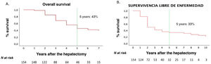 (A) Kaplan-Meier curves, overall survival; and (B) Kaplan-Meier curves of disease-free survival, with the respective patients at risk over the years after hepatectomy.