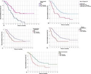 Kaplan-Meier curves for the mutated KRAS variables (A), large liver metastases >4 cm (B), intraoperative transfusion (C), severe complications (D) and affected margin (E).