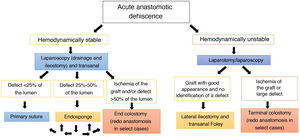 Algorithm for the management of extraperitoneal anastomotic dehiscence.