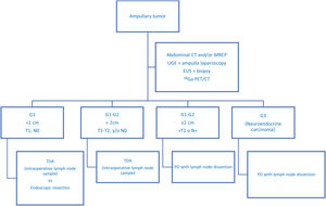 Proposed diagnostic-therapeutic algorithm for non-disseminated ampullary neuroendocrine tumours, adapted by Millaneto AC et al.5