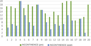 Cleveland Clinic incontinence severity score before and after initiating irrigation.