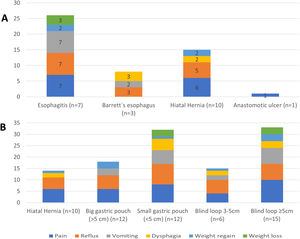 Endoscopic (A) and radiological findings (B) and correlation with symptoms.