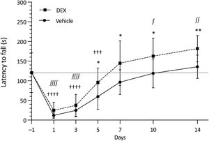 Time to fall (in seconds) in the rotarod test. Baseline: dotted line; vehicle group: circles with solid line; DEX group: squares with dashed line. Asterisks indicate statistically significant differences between DEX and vehicle (*P < .05; **P < .01). †: significant difference from baseline in the vehicle group (†††P < .001; ††††P < .0001). ∫: significant difference from baseline in the DEX group (∫P < .05; ∫∫P < .01; ∫∫∫∫P < .0001).