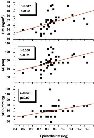 Correlation of log-transformed epicardial fat thickness with body mass index (BMI), abdominal circumference (AC), and diastolic blood pressure (DBP).
