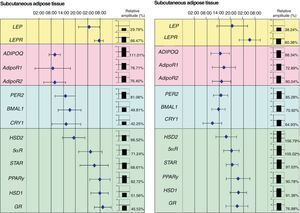 Phase map of circadian rhythms of several human genes in subcutaneous adipose tissue (SAT) and visceral adipose tissue (VAT). The figure shows the acrophases (time at which gene expression is maximal) of the rhythms of several genes involved in metabolism of human adipose tissue. Mean acrophase values are given together with standard deviation. The relative amplitude of each gene is represented in column charts.