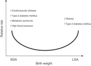 Relative risk of non-communicable chronic diseases in adult life depending on birth weight. Based on epidemiological and experimental observations and on “Barker's hypothesis”,5–7 there is adequate evidence to confirm that an increase in weight for gestational age (LGA: large for gestational age) increases the risk of obesity and metabolic syndrome in the postnatal stage.121 Similarly, a low weight for gestational age (SGA: small for gestational age) would suggest an increased risk of type 2 diabetes mellitus, cardiovascular disease, metabolic syndrome, high blood pressure, and obesity in adult life.122