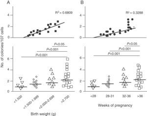 Effect of low birth weight (LBW) on endothelial angiogenic properties of endothelial colony-forming cells (ECFCs) present in umbilical cord blood. As shown, cultured ECFCs from infants with LBW had a lower capacity to form colonies (A). This finding was also made in relation to gestational time and birth weight (B). Taken and modified from Ligi I, et al. Blood. 2011;118:1699–709.