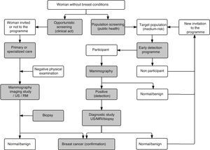 Flow chart of women participating in one population screening, and one opportunistic screening of breast cancer. US: ultrasound; MRI: magnetic resonance imaging.