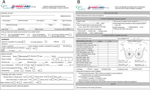 (A and B) Forms proposed by RAD-AID staff for the collection of clinical data from the patient. It includes sections for personal and family history (A), as well as data referring to the anamnesis and physical examination (B).