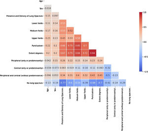 Spearman’s rank-order correlation matrix for the epidemiological and radiological features.
