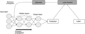 The process of supervised learning (training). Through the loss function, the difference between the network