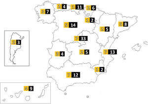 History of members of the SERAM JC and their distribution by Autonomous Communities (AC). The number in the yellow box refers to the number of hospitals by Autonomous Community that have contributed members to the SERAM JC. The number inside the black box refers to the historical number of members by AC. To the left of the image within a box, a smaller map of Argentina, since the SERAM JC has also had three reviewing members from two different hospitals in that country.