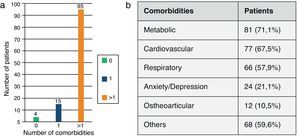 (a) Distribution according to the number of comorbidities. (b) Most frequent comorbidities.