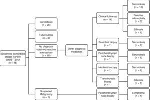 Flowchart showing confirmation of diagnosis in 48 patients with suspected stage I and II sarcoidosis.