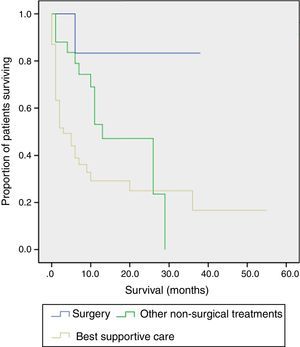 Kaplan–Meier survival curves according to treatment performed (surgery, other non-surgical treatments and best supportive care).