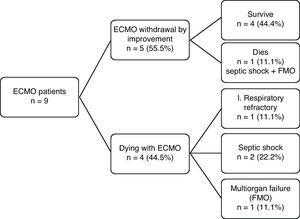 Outcome among the patients subjected to ECMO.
