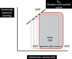 Ventricular pressure–volume loop during a cardiac cycle. SV is the difference between end-diastolic volume (EDV) and end-systolic volume (ESV). The area under the curve represents SW. Ees is the gradient of the end-systolic curve of the different loops generated in several cardiac cycles. Ees, end-systolic elastance; ESP, ventricular end-systolic pressure; SW, stroke work; SV, stroke volume; EDV, end-diastolic volume; ESV, end-systolic volume.