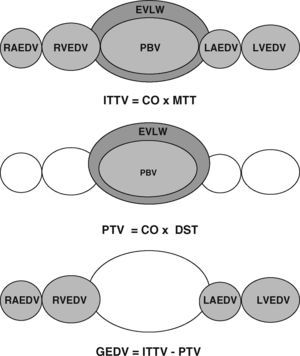 Assessment of global end-diastolic volume (GEDV) by transcardiopulmonary thermodilution. From top to bottom: first row: the intrathoracic thermal volume (ITTV) is the distribution volume of the thermal indicator, including the right atrium end-diastolic volume (RAEDV), the right ventricle (RVEDV), the pulmonary blood volume (PBV), the extravascular lung water (EVLW), the left atrium (LAEDV) and the left ventricle (LVEDV). It is calculated by multiplying cardiac output (CO) with the mean transit time (MTtT) of the indicator. Second row: the pulmonary thermal volume (PTV) includes the PBV and the EVLW and is assessed by multiplying CO with the exponential decay time (DST) of the thermal indicator. Third row: the GEDV is calculated by subtracting PTV from ITTV.