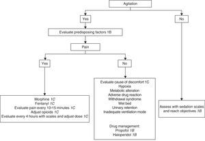 Algorithm for sedation and analgesia in patients without tracheal intubation.