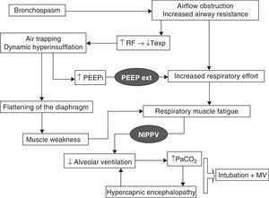 Physiopathology of hypercapnic acute respiratory failure in COPD and the processes that are blocked by the action of mechanical ventilation (represented in black). RF, respiratory frequency; PEEPext, positive end-expiratory pressure programmed by the ventilator; PEEPi, intrinsic PEEP; Texp, expiratory time; MV, mechanical ventilation; NIPPV, noninvasive positive pressure ventilation.