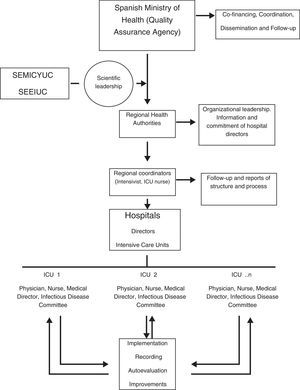Organizational scheme of the “Zero VAP” Project. (SEMICYUC: Sociedad Española de Medicina Intensiva, Crítica y Unidades Coronarias. SEEIUC: Sociedad Española de Enfermería Intensiva y Unidades Coronarias).
