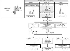 Estimation of left ventricular filling pressures and grades of diastolic dysfunction according to findings in Doppler echocardiography in patients with depressed left ventricular ejection fraction and patients with myocardial disease and normal left ventricular ejection fraction. DT, deceleration time; TDI, Tissue Doppler imaging; TR, tricuspid regurgitation; LAP, left atrial pressure.