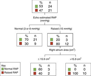Decision tree for raised right atrial pressure. Decision tree shows that after the echo 3•8•15mmHg approach, right atrium area further identify patients with raised right atrial pressure. See text for information. RAP=right atrial pressure.