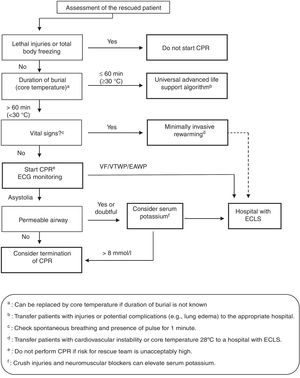 Algorithm for assessment and intervention in the case of victims that have been completely buried by a snow avalanche. Indications of ECLS51. EAWP: electrical activity without pulse; VF: ventricular fibrillation; CPR: cardiopulmonary resuscitation; ECLS: extracorporeal life support; VTWP: ventricular tachycardia without pulse.