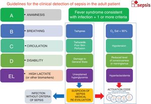 Algorithm for the detection of the adult septic patient. Clinical detection based on cardiovascular, respiratory, and neurological assessment. Tachycardia and Tachypnea are considered adaptative responses that may anticipate the appearance of organ failure. Numerical values have been eliminated as much as possible because there is no consensus on which the cut-off values are in the different scoring systems that different centers may be using. In the presence of organ failure, it allows the activation of code sepsis. In cases of out-of-hospital detection, it is advisable to pre-alert those involved in the screening stage at the gates of the ER (sepsis pre-alert).